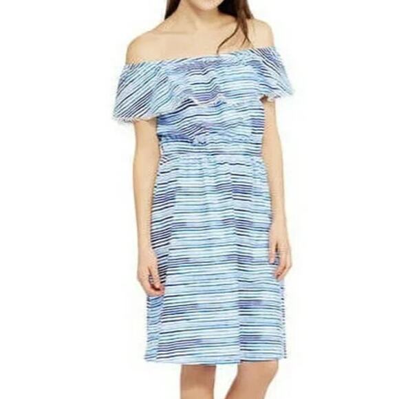 Faded Glory Large Blue White Peasant Off Shoulder Cottage Core 100% Cotton Dress - Picture 1 of 9